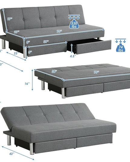 3-Seat Convertible Sofa Bed,Long Sofa w/ 2 Large Drawers, Ergonomic Sleeper w/ 3 Adjustable Angles - Giantexus