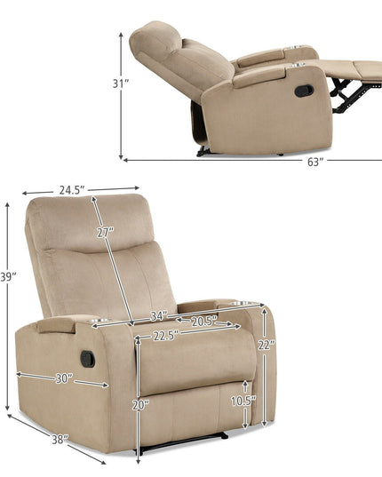 Recliner Chair with Cup Holders, Fabric Reclining Chair Manual Recliner Chair