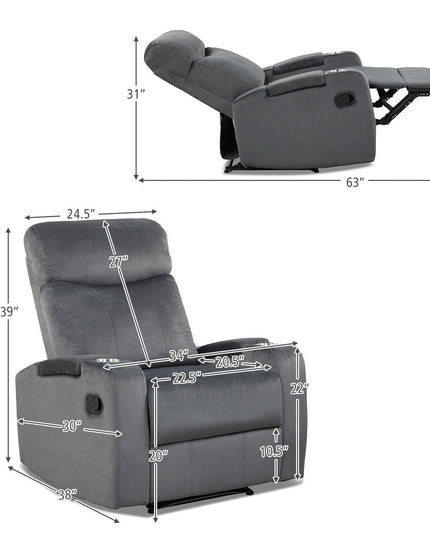 Recliner Chair with Cup Holders, Fabric Reclining Chair Manual Recliner Chair