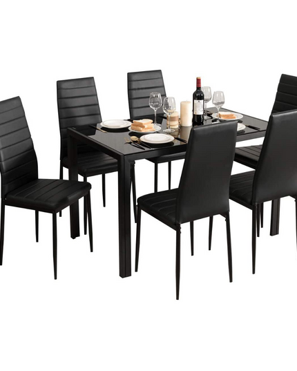 Giantex Kitchen Dining Table Set, Glass Tabletop Dining Room Set with Leather Padded 6 Chairs, Black