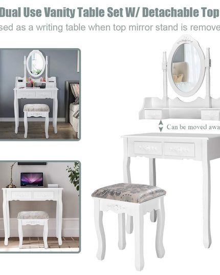 Giantex White Vanity Table Set with Oval Mirror and 4 Drawers