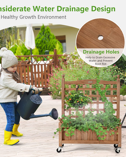 Wood Planter with Lattice Trellis and Wheels, 25'' x 11'' x 32.5'' (L x W x H)