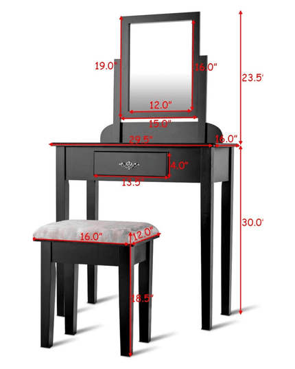 Vanity Dressing Table Stool Set Vanity Tables with Drawers, Black??1 Drawer????o? - Giantexus