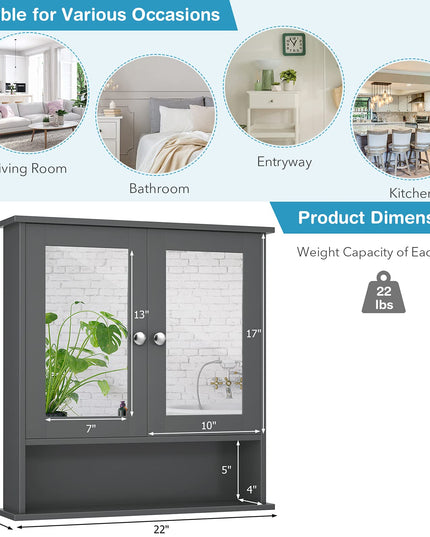 Bathroom Wall Cabinet with 2 Mirror Doors and Adjustable Shelf