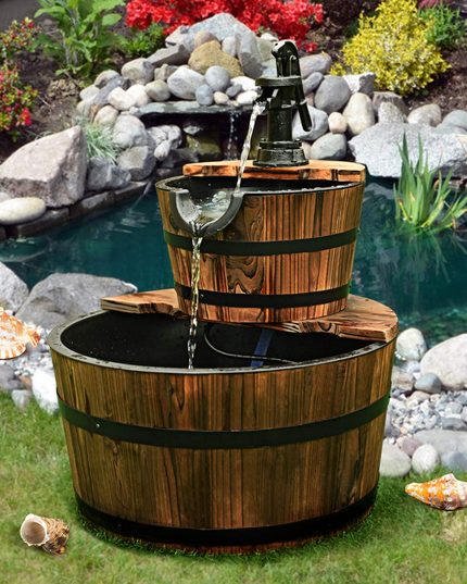 Giantex 2-Tier Barrel Waterfall Fountain with Hand Pump