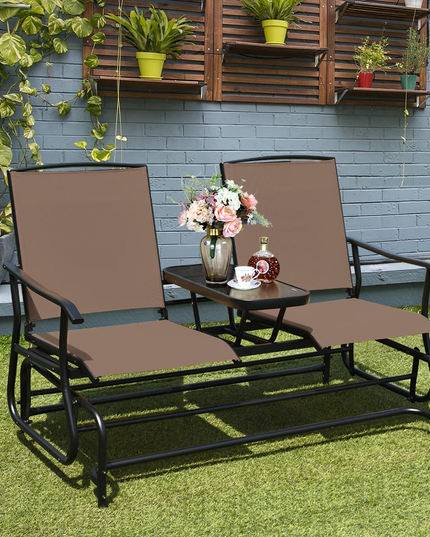 Giantex 2 Person Outdoor Double Glider Chair, Mesh Fabric Rocking Chair w/Center Tempered Glass Table
