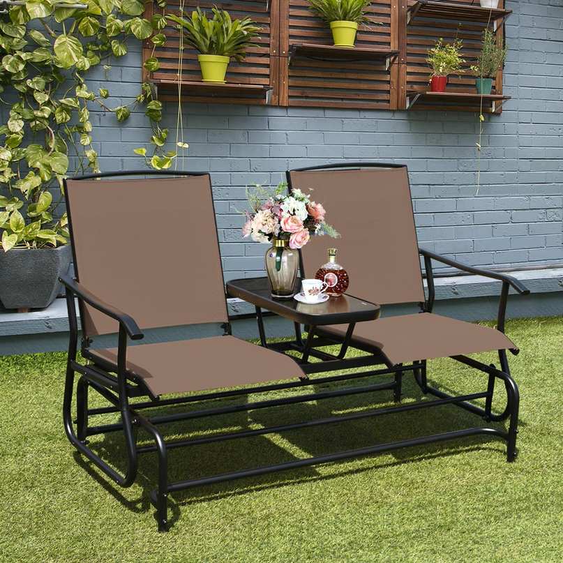 Giantex 2 Person Outdoor Double Glider Chair, Mesh Fabric Rocking Chair w/Center Tempered Glass Table