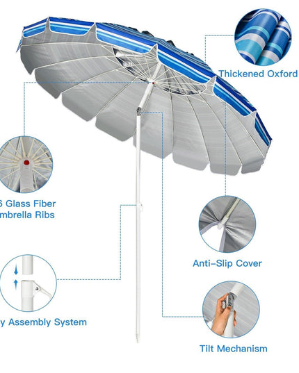 8 Ft Beach Umbrella, Patio Sunshade Umbrella with Sand Anchor & Tilt Mechanism, 16 Fiberglass Ribs - Giantexus