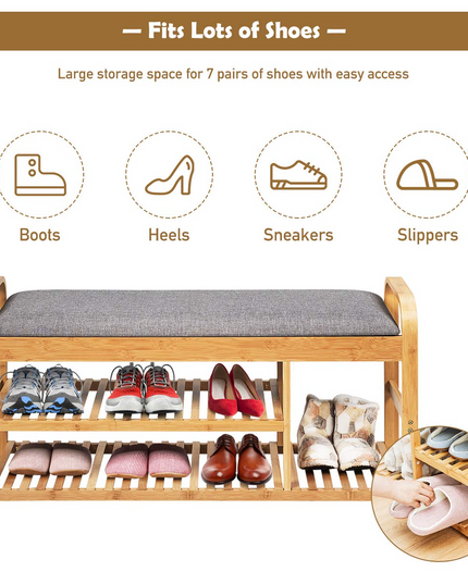 Giantex Shoe Rack Bench, Entryway 3-Tier Bamboo Shoe Organizer with Cushion (Natural and Grey)