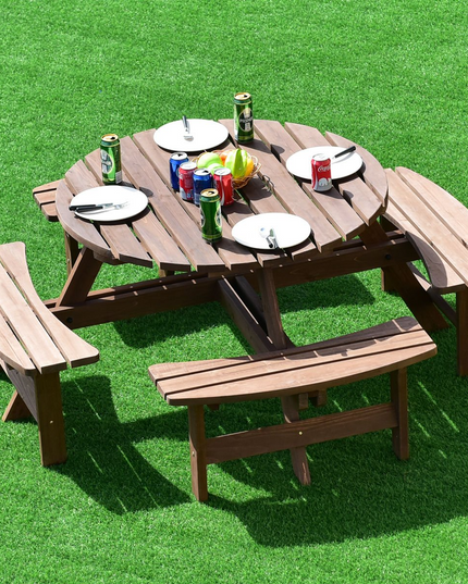 Giantex Wooden Picnic Table Set with Wood Bench, 4 Adults or 8 Kids Outdoor Round Table with Umbrella Hold Design