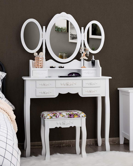 Vanity Set with Tri-Folding Mirror and Cushioned Stool - Giantex