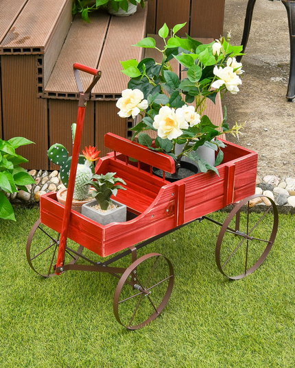 Giantex Decorative Garden Planter, Small Wagon Cart with Metal Wheels, Wood Raised Beds Plant Pot Stand for Backyard Garden Patio 24.5"x13.5"x24"