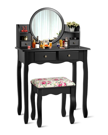 CHARMAID | Vanity Set with 4 Storage shelves and 4 Drawers, Makeup Table with 360?? Pivoted Round Mirror and Makeup Organizers - Giantexus