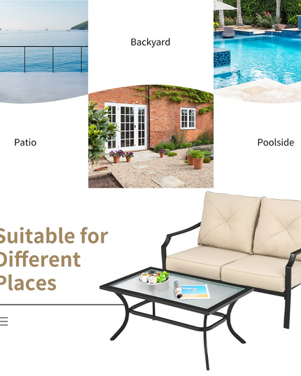 Giantex 2 Pcs Patio Loveseat Set, 2 Seat Bench Sofa with Coffee Table(Beige)