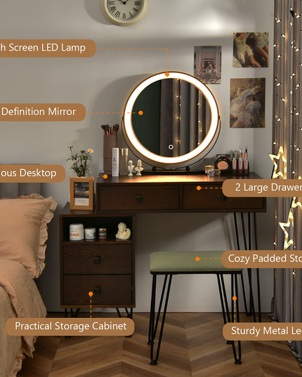 CHARMAID Vanity Set with 3 Colors Lighted Mirror, Left or Right Side Cabinet
