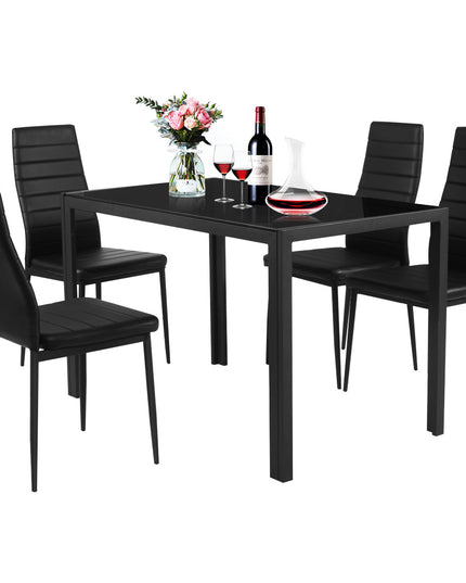 5 Piece Kitchen Dining Table Set with Glass Table Top Leather Padded 4 Chairs (Black) - Giantexus
