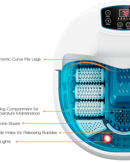 Giantex Foot Spa Bath Massager with Heat Bubbles, 6 Motorized Massage Rollers, Fast Heating, Red Light, Adjustable Temperature & Time (Blue/White) - Giantexus
