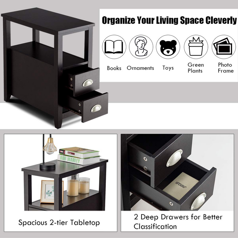 Giantex End Table Wooden W/ 2 Drawers and Shelf Space-Saving Rectangular Bedside Table