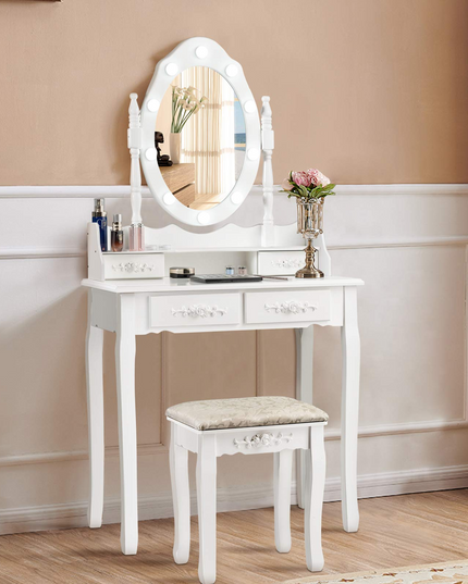 CHARMAID Vanity Set with 10 LED Lights and 4 Drawers - Giantexus
