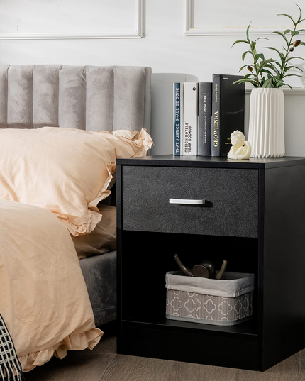 Giantex Nightstand w/Drawer, 2-Tier Wooden Bedside Table, Black
