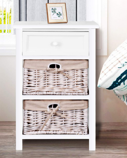 Giantex Wooden Nightstand 3 Tiers W/ 2 Baskets and 1 Drawer Bedside Sofa Storage Organizer
