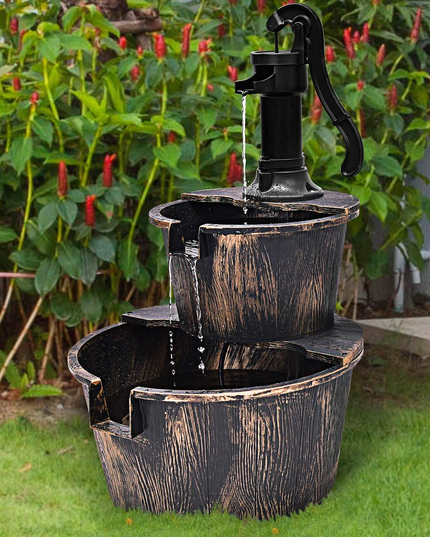 Giantex 2-Tier Rustic Barrel Waterfall Fountain with Pump