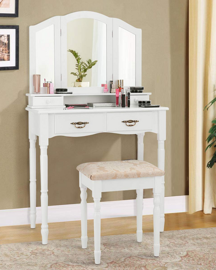 Giantex Modern Bedroom Bathroom Makeup Vanity Desk with Cushioned Stool for Girls Women