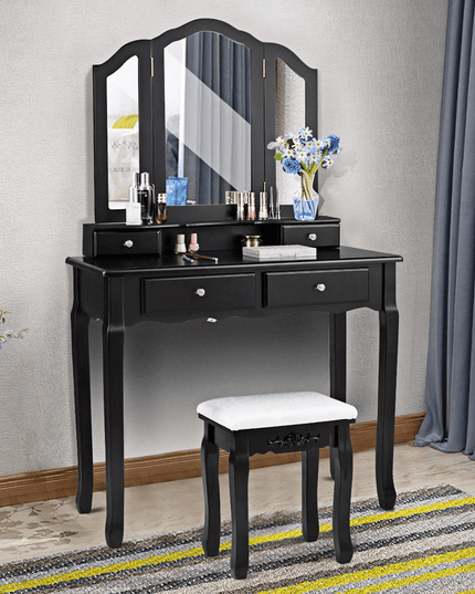 Vanity Set with Tri-Folding Mirror and 4 Drawers Makeup Dressing Table - Giantexus
