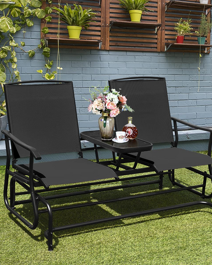 Giantex 2 Person Outdoor Double Glider Chair, Mesh Fabric Rocking Chair w/Center Tempered Glass Table