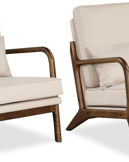 Giantex Mid Century Modern Accent Chair, Upholstered Armchair with Pillow, Rubber Wood Armrests & Legs