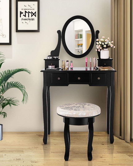 Giantex  Round 360 Degree Rotation Swivel Mirror Dressing Table Stool Wooden Vanity Set (Black with 5 Drawer)