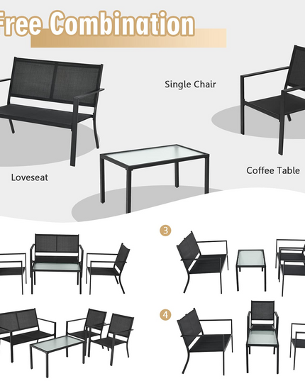 Giantex 4 Pieces Patio Furniture Set, Outdoor Conversation Set, Loveseat Bench with 2 Patio Chairs & Tempered Glass Coffee Table