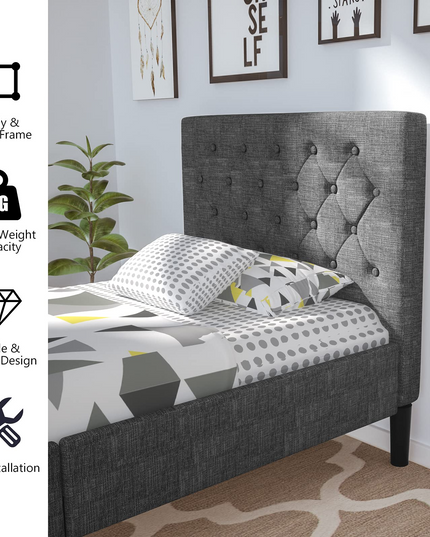 Elegant & Modern Style Upholstered Stable Bed Base with Button Stitched Headboard