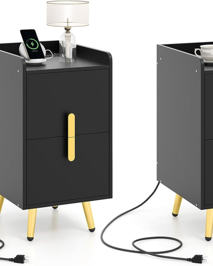 Giantex Nightstand with Charging Station, Narrow End Table with 2 Drawers & Metal Gold Legs