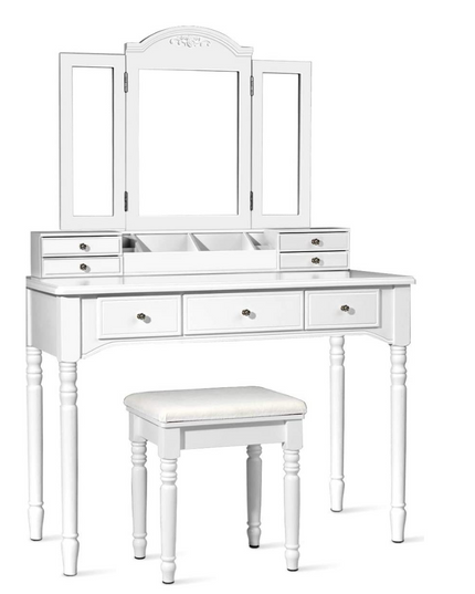Vanity Set with Tri-Folding Mirror & 8 Necklace Hooks, 7 Drawers, 2 Dividers, 6 Desktop Makeup Organizers - Giantexus