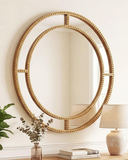 CHARMAID Gold Beaded Wall Mirror | Decorative Vanity Mirrors for Bathroom