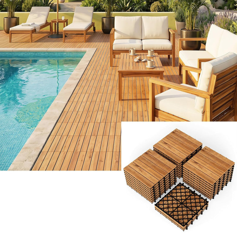 Giantex 12" x 12" Acacia Wood Interlocking Patio Flooring Tiles with Drainage Base