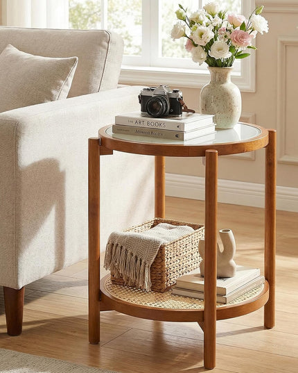 Giantex Rattan Round Side Table | 2-Tier Boho End Table w/Tempered Glass Top (1/2)
