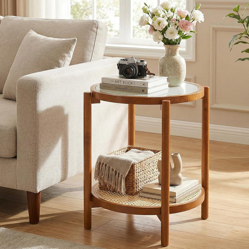 Giantex Rattan Round Side Table | 2-Tier Boho End Table w/Tempered Glass Top (1/2)