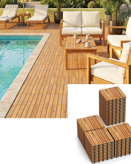 Giantex 12" x 12" Acacia Wood Interlocking Patio Flooring Tiles with Drainage Base