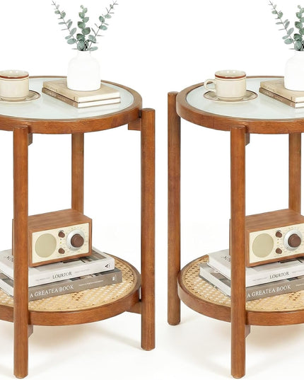 Giantex Rattan Round Side Table | 2-Tier Boho End Table w/Tempered Glass Top (1/2)