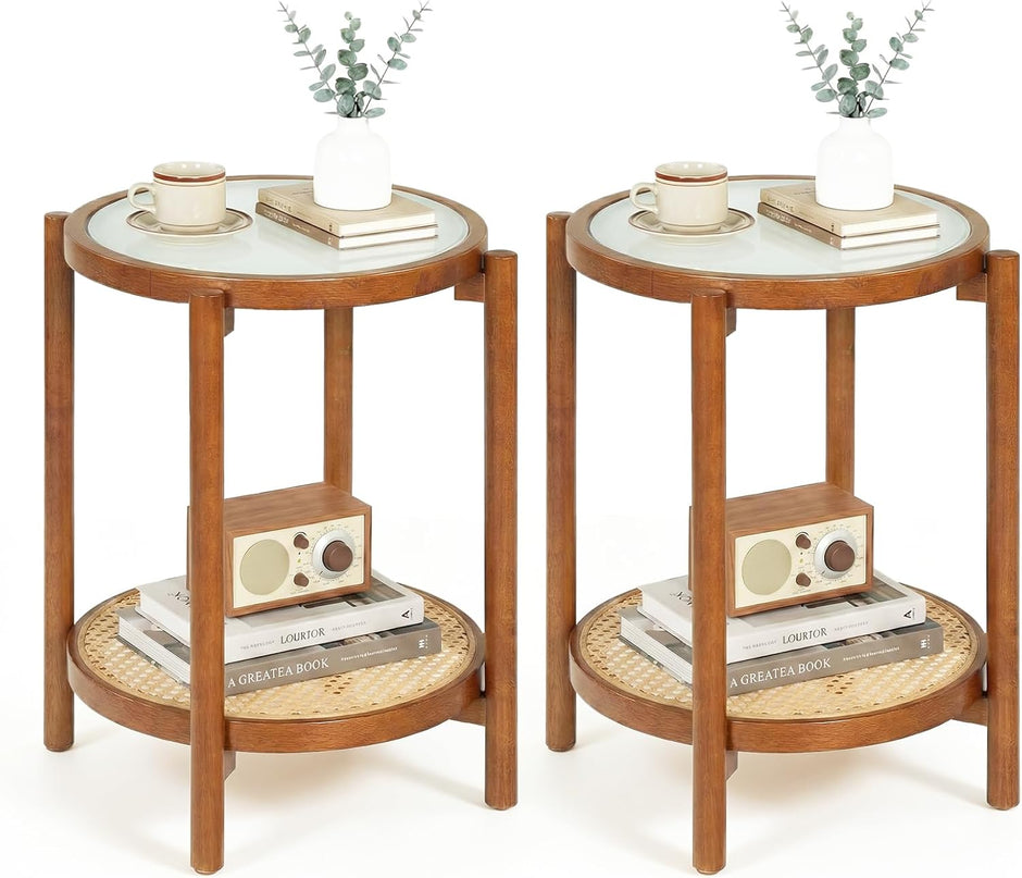 Giantex Rattan Round Side Table | 2-Tier Boho End Table w/Tempered Glass Top (1/2)