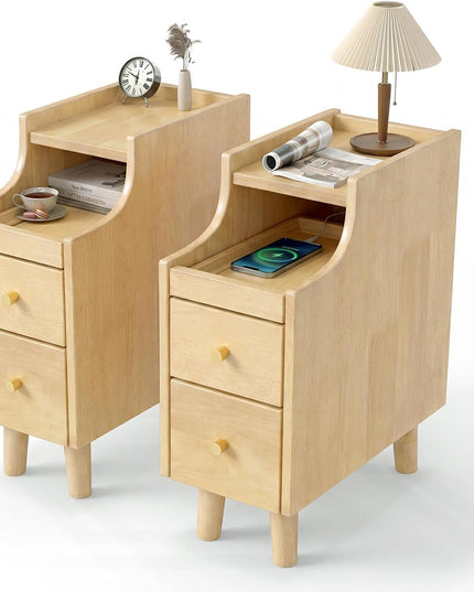 Table de chevet étroite Giantex avec 2 tiroirs et tablette coulissante pour petits espaces