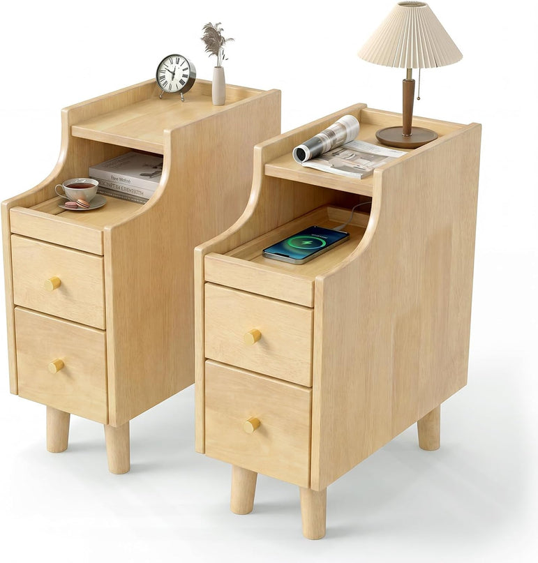 Giantex Narrow Nightstand with 2 Drawers & Pull-Out Tray for Small Spaces (1/2)