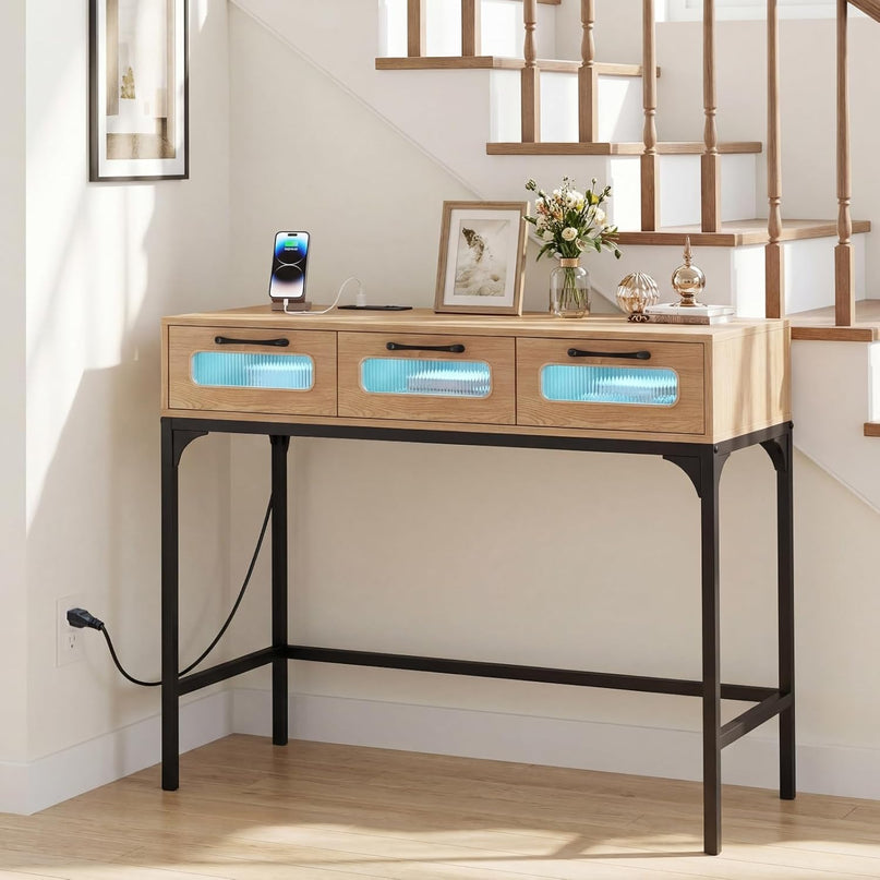 Giantex 35.5" Console Table with Charging Station & 3 Drawers