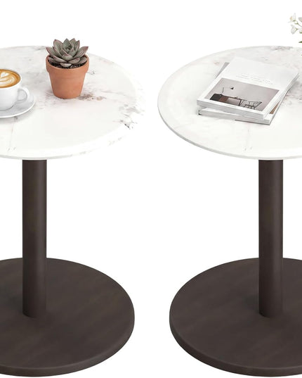 Giantex Round Marble Side Table w/Stone Finish & Wooden Pedestal (1/2)