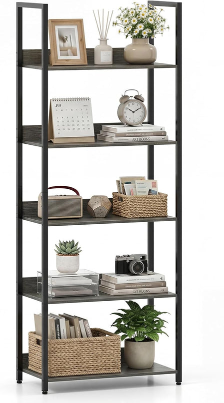Giantex 5-Tier Tall Wooden Open Bookcase with Back Panels & Metal Frame (1/2)
