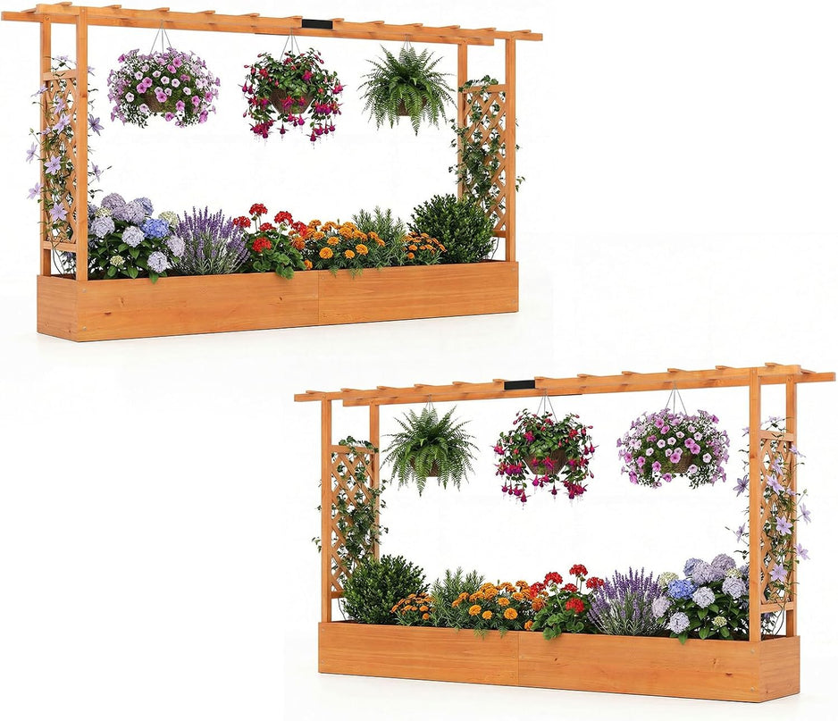 Giantex 45”Fir Wood Raised Garden Bed with Trellis & Hanging Roof