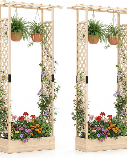 Giantex 89”Wooden Raised Garden Bed with Trellis & Hanging Roof