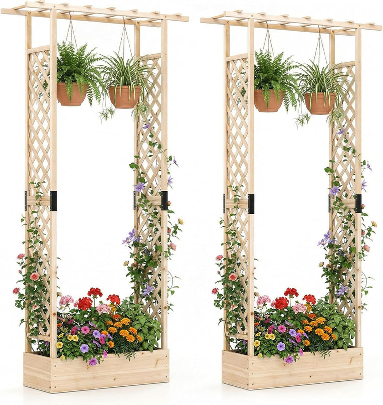 Giantex 89”Wooden Raised Garden Bed with Trellis & Hanging Roof